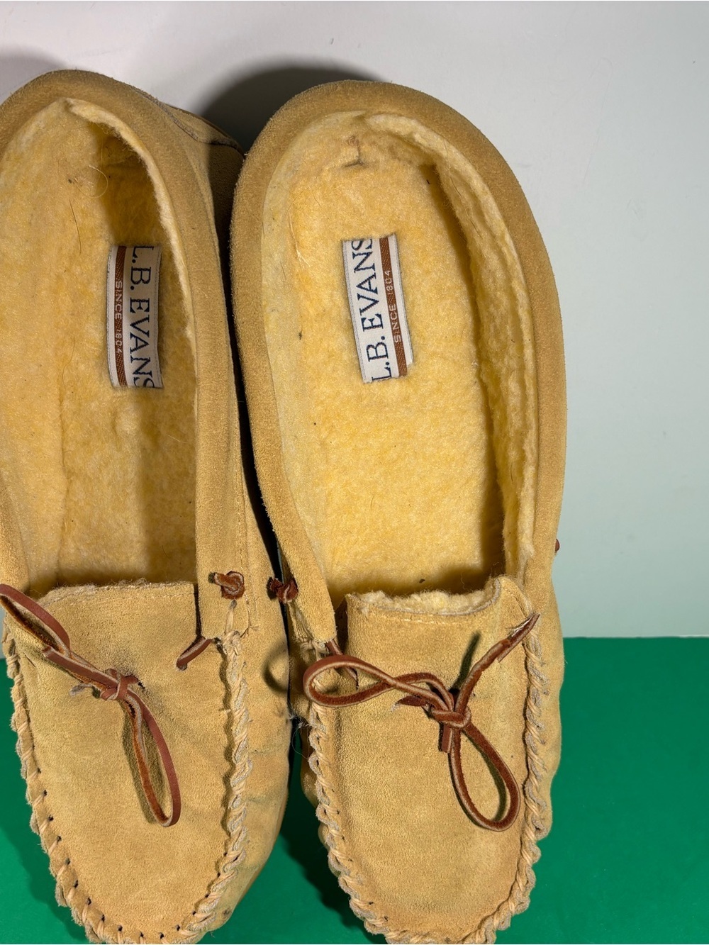 L.B. Evans Men's Suede Moccasin Slippers in Yellow Tan w/Brown Laces-Size 14EEE